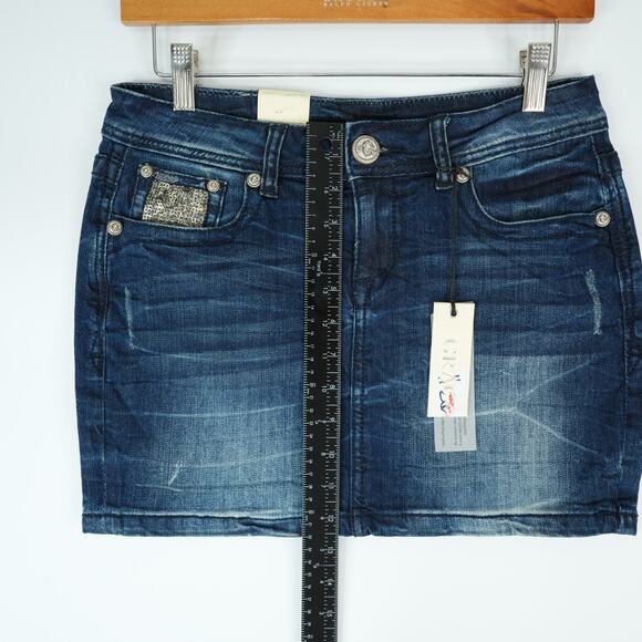 Grace in LA Skirt Womens M Embellished Rhinestone Peace Sign Designer Denim Jean - Picture 4 of 7